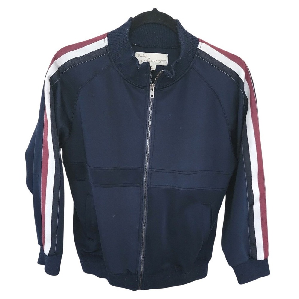 Vintage Havana Navy Blue Track Jacket Striped Sleeve Nautical Sporty Small